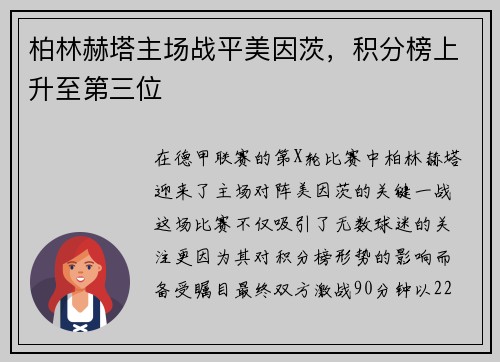 柏林赫塔主场战平美因茨，积分榜上升至第三位