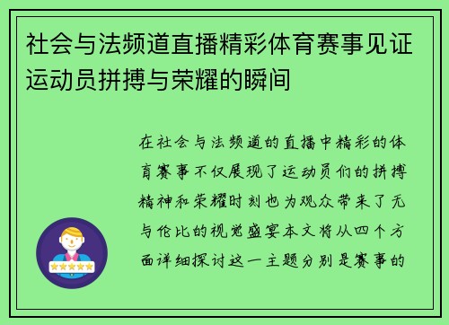 社会与法频道直播精彩体育赛事见证运动员拼搏与荣耀的瞬间